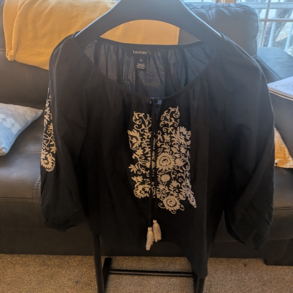 Xhilaration Black Blouse with White Embroidery